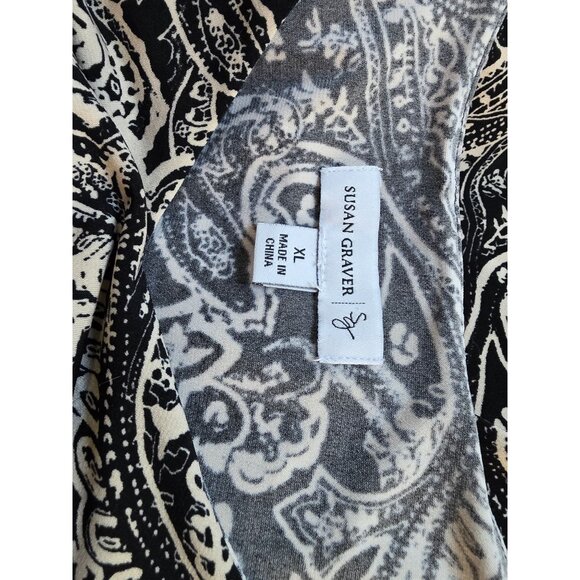 Susan Graver XL Black & White Paisley Print Tunic Top 3/4 Sleeves Liquid Knit - Picture 5 of 9